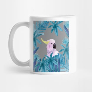 Cockatoo with tropical leaves in watercolor and an ultimate gray background Mug